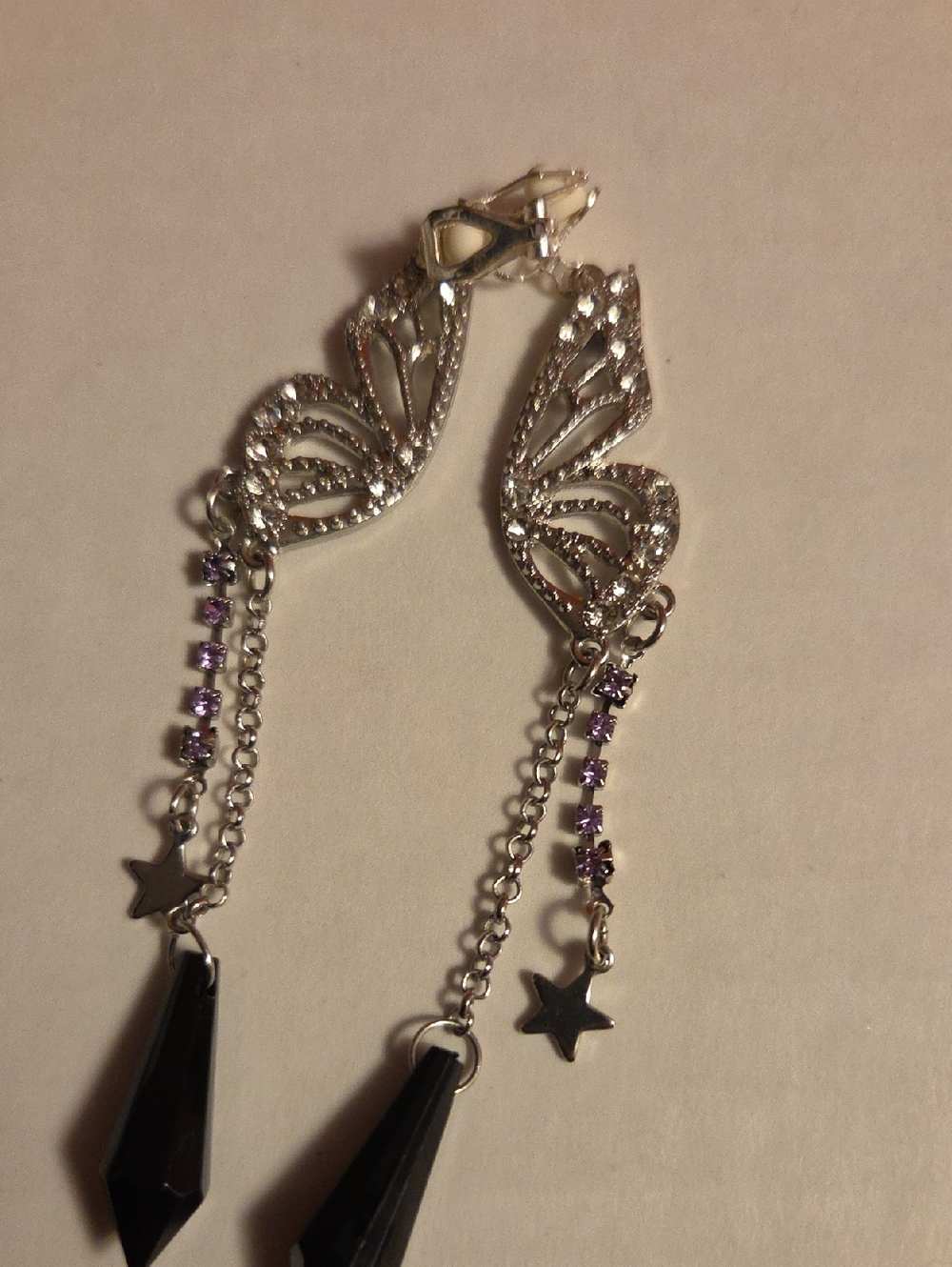 Silver Butterfly Drop Clip-on Earrings with Black Pendants